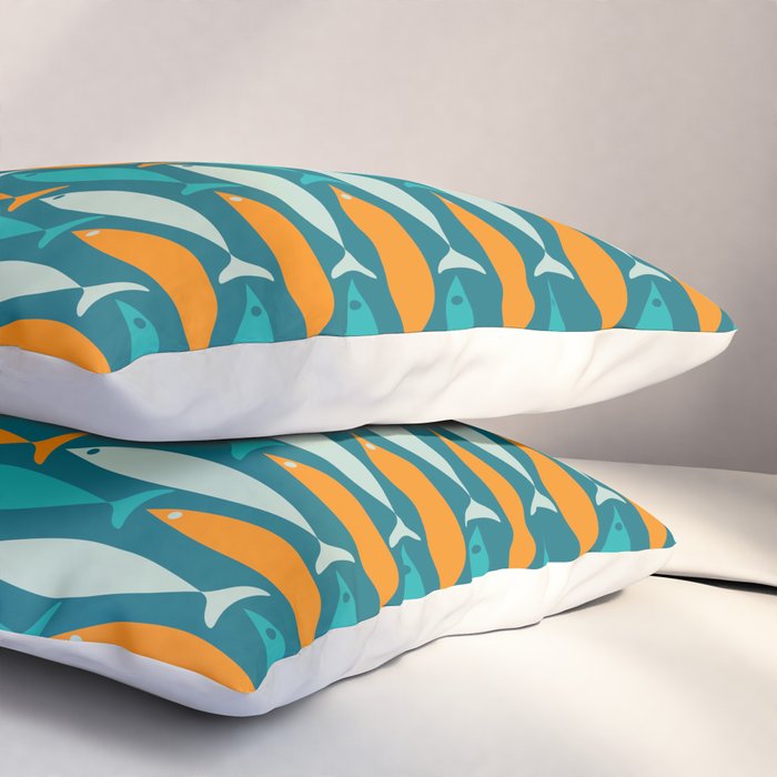 Mid Century Modern Fish Stripes Pattern Turquoise Orange Aqua Teal Pillow Sham Gallery Image 3