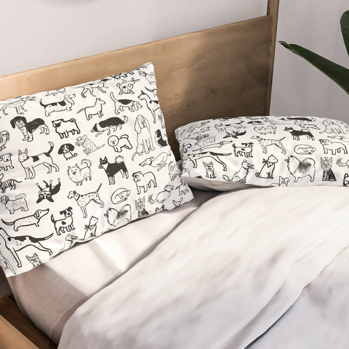 Black and White Dog Drawings | Cute Dog Breeds Pattern Pillow Sham Gallery Image 2