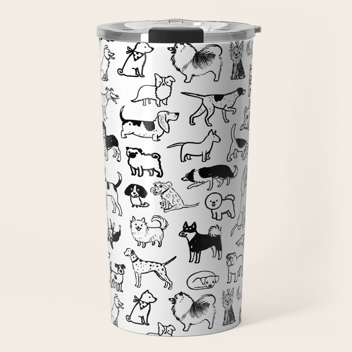 Black and White Dog Drawings | Cute Dog Breeds Pattern Travel Mug Gallery Image 1