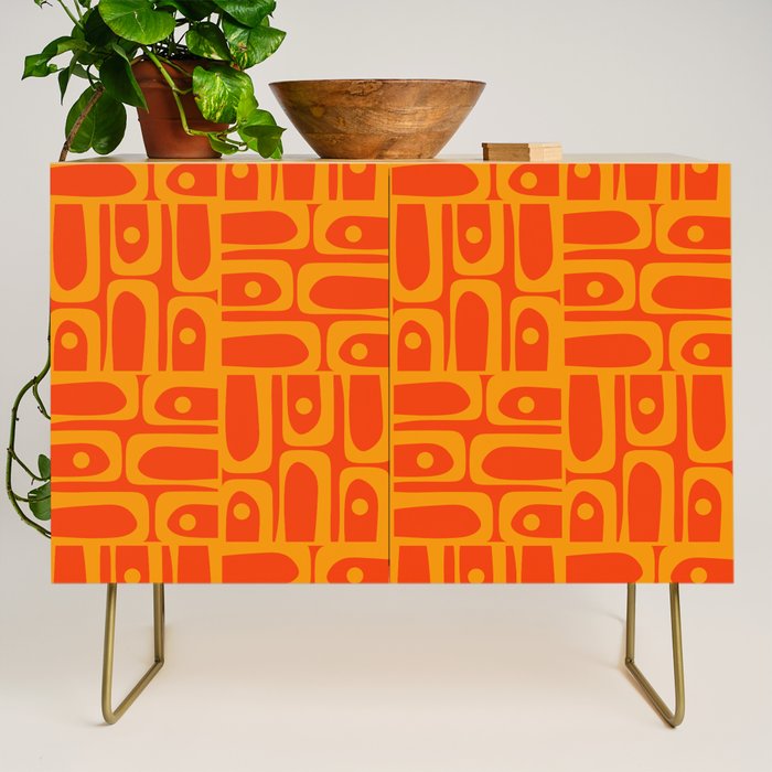 Mid Century Modern Geometric Abstract Piquet Pattern in Orange Yellow Credenza Gallery Image 1