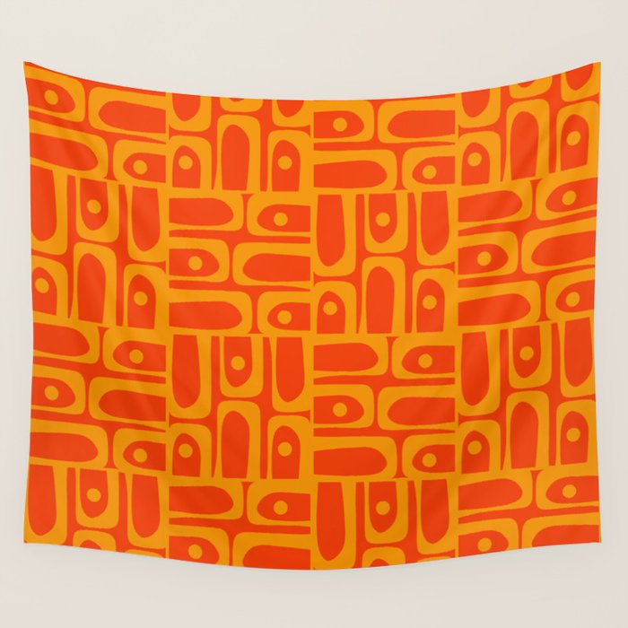 Mid Century Modern Geometric Abstract Piquet Pattern in Orange Yellow Wall Tapestry Gallery Image 1