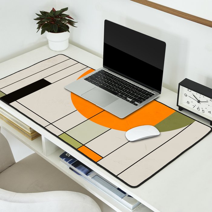 Mid Century Modern Geometric Art Abstract Shapes Orange and Green Retro Design Bauhaus Style  Desk Mat Gallery Image 2