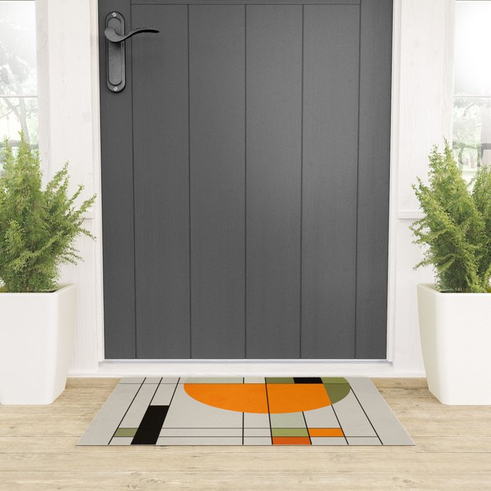 Mid Century Modern Geometric Art Abstract Shapes Orange and Green Retro Design Bauhaus Style  Welcome Mat Gallery Image 3
