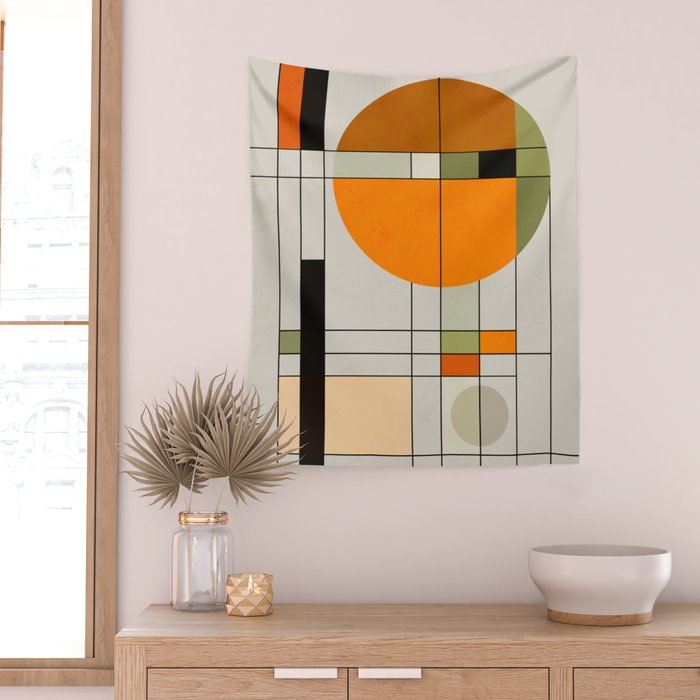 Mid Century Modern Geometric Art Abstract Shapes Orange and Green Retro Design Bauhaus Style  Wall Tapestry Gallery Image 2
