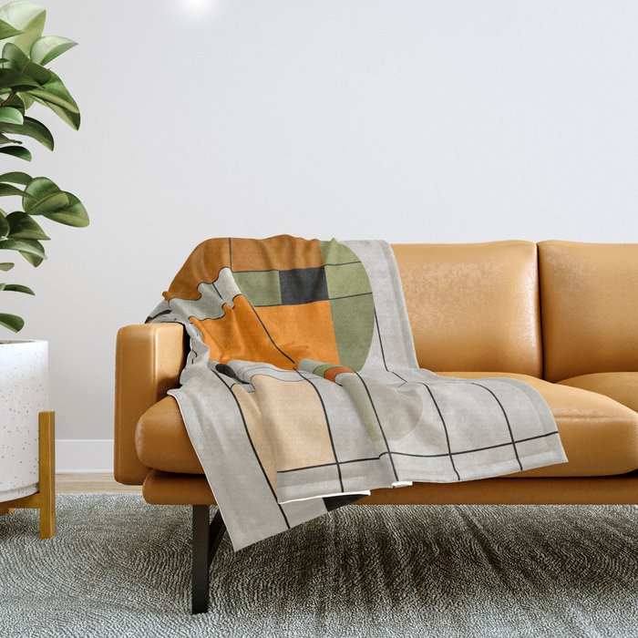Mid Century Modern Geometric Art Abstract Shapes Orange and Green Retro Design Bauhaus Style  Throw Blanket Gallery Image 1