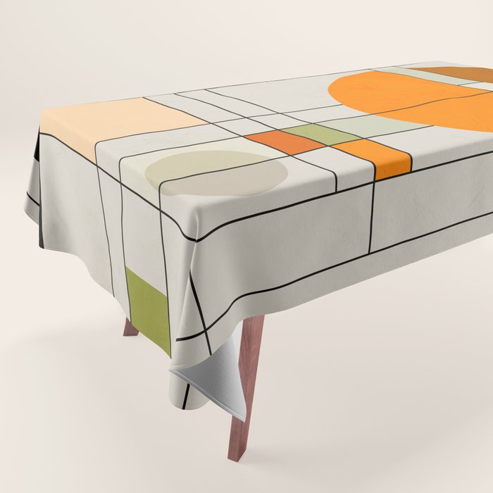 Mid Century Modern Geometric Art Abstract Shapes Orange and Green Retro Design Bauhaus Style  Tablecloth Gallery Image 1