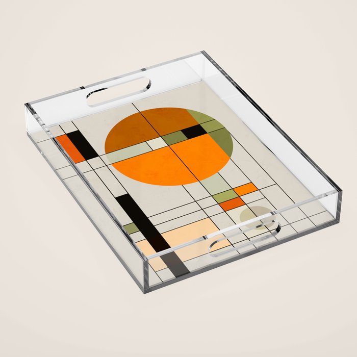 Mid Century Modern Geometric Art Abstract Shapes Orange and Green Retro Design Bauhaus Style  Acrylic Tray Gallery Image 1