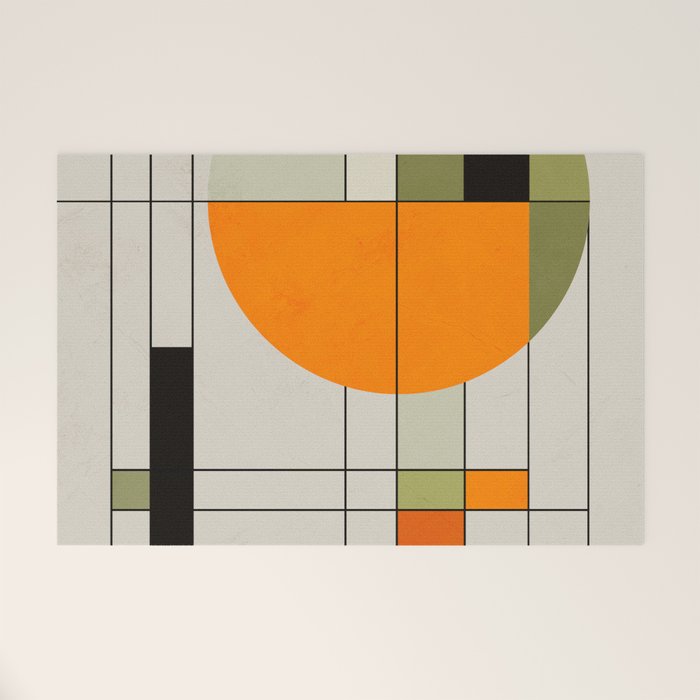 Mid Century Modern Geometric Art Abstract Shapes Orange and Green Retro Design Bauhaus Style  Welcome Mat Gallery Image 1