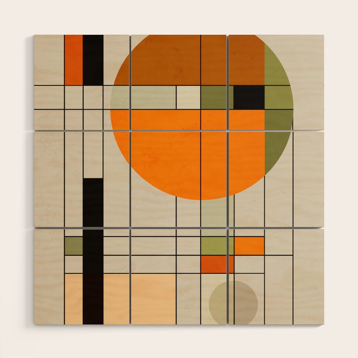 Mid Century Modern Geometric Art Abstract Shapes Orange and Green Retro Design Bauhaus Style  Wood Wall Art Gallery Image 1