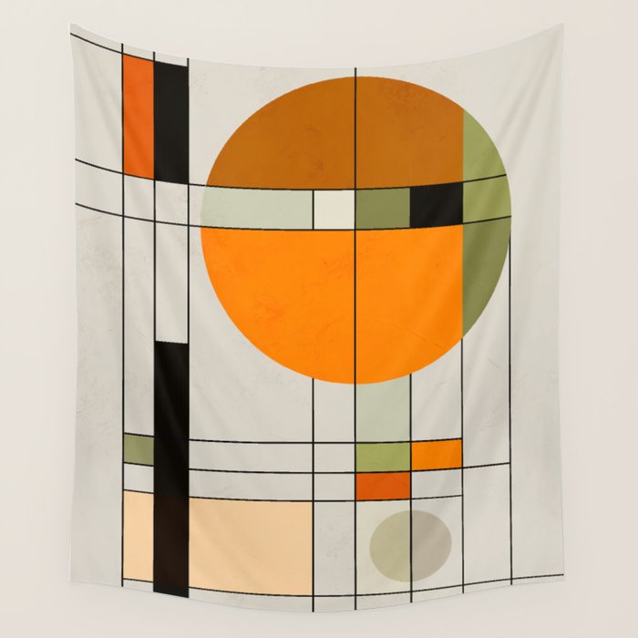 Mid Century Modern Geometric Art Abstract Shapes Orange and Green Retro Design Bauhaus Style  Wall Tapestry Gallery Image 1