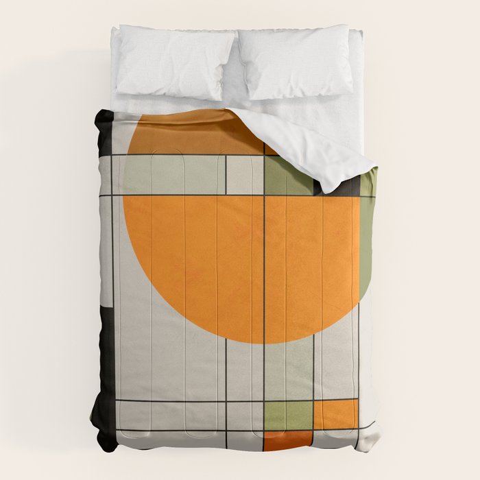 Mid Century Modern Geometric Art Abstract Shapes Orange and Green Retro Design Bauhaus Style  Comforter Gallery Image 1