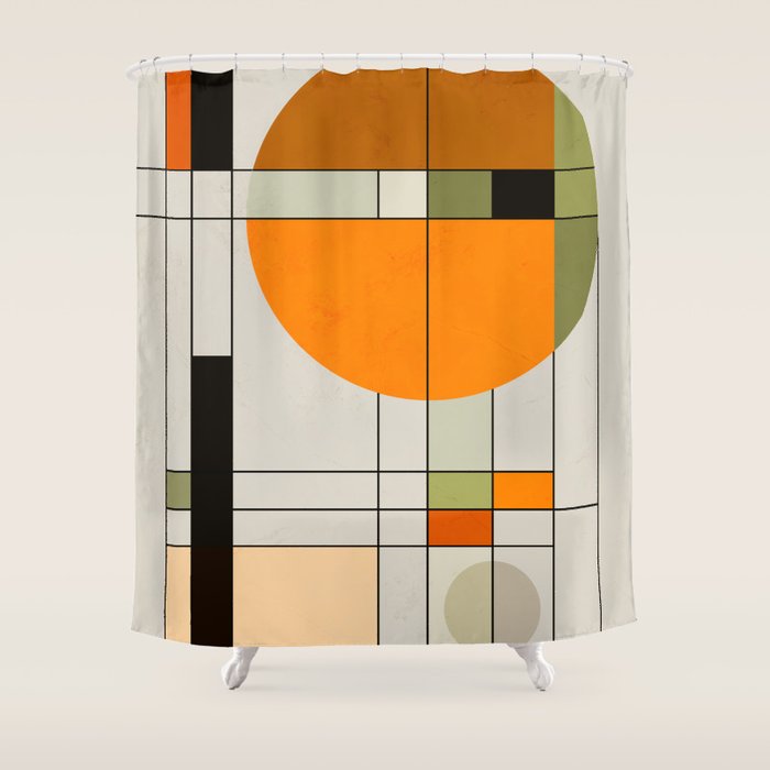 Mid Century Modern Geometric Art Abstract Shapes Orange and Green Retro Design Bauhaus Style  Shower Curtain Gallery Image 1