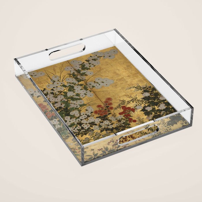 Red White Chrysanthemums Vintage Floral Japanese Gold Leaf Screen Acrylic Tray Gallery Image 1