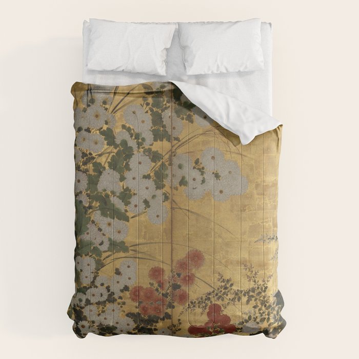 Red White Chrysanthemums Vintage Floral Japanese Gold Leaf Screen Comforter Gallery Image 6