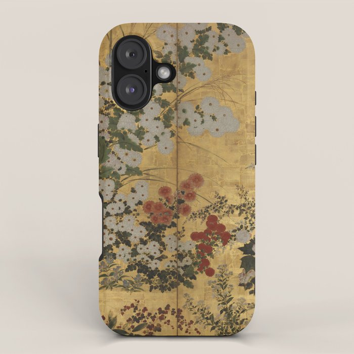 Red White Chrysanthemums Vintage Floral Japanese Gold Leaf Screen iPhone Case Gallery Image 1