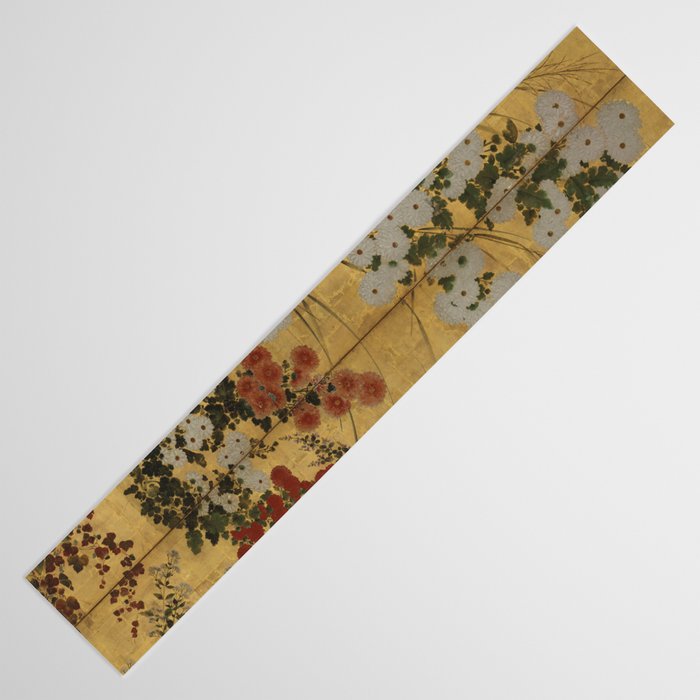 Red White Chrysanthemums Vintage Floral Japanese Gold Leaf Screen Table Runner Gallery Image 3