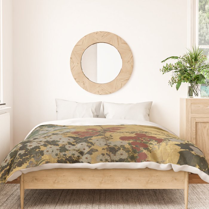 Red White Chrysanthemums Vintage Floral Japanese Gold Leaf Screen Duvet Cover Gallery Image 3