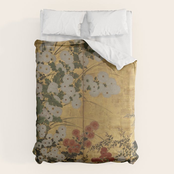 Red White Chrysanthemums Vintage Floral Japanese Gold Leaf Screen Duvet Cover Gallery Image 1