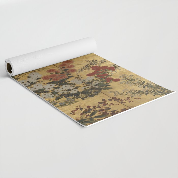 Red White Chrysanthemums Vintage Floral Japanese Gold Leaf Screen Yoga Mat Gallery Image 2