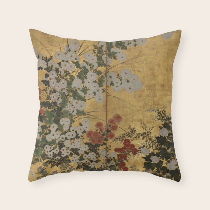 Red White Chrysanthemums Vintage Floral Japanese Gold Leaf Screen Throw Pillow Gallery Image 6