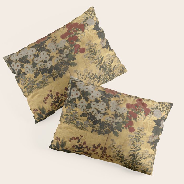 Red White Chrysanthemums Vintage Floral Japanese Gold Leaf Screen Pillow Sham Gallery Image 1