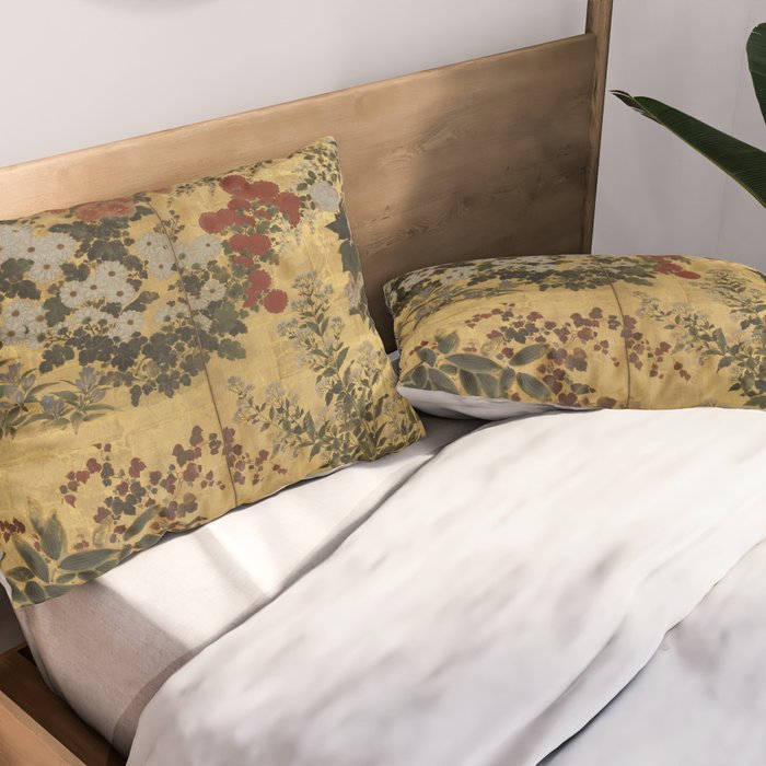Red White Chrysanthemums Vintage Floral Japanese Gold Leaf Screen Pillow Sham Gallery Image 2
