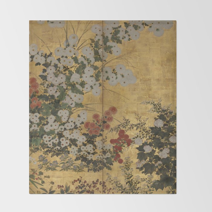 Red White Chrysanthemums Vintage Floral Japanese Gold Leaf Screen Throw Blanket Gallery Image 2