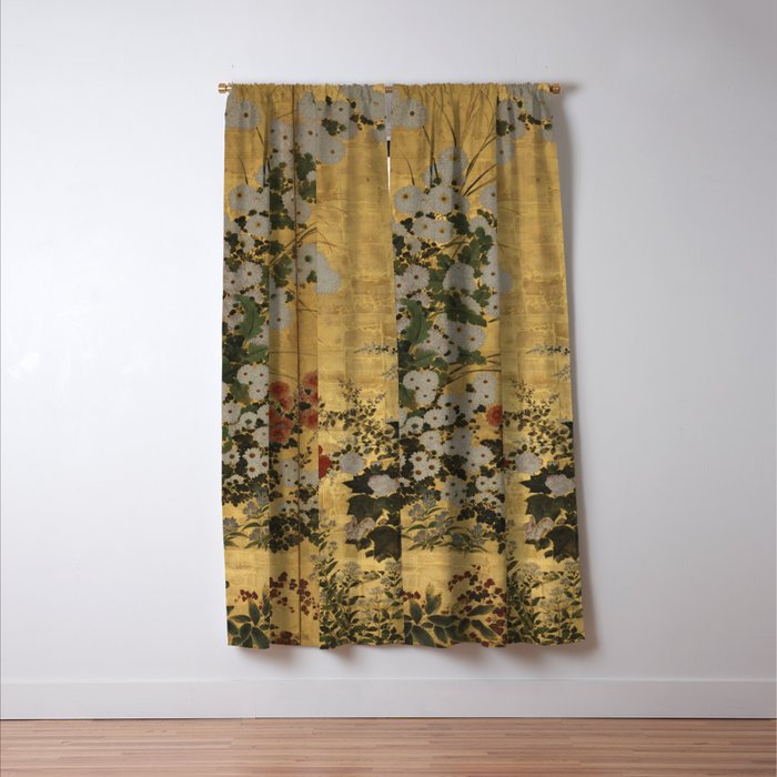 Red White Chrysanthemums Vintage Floral Japanese Gold Leaf Screen Window Curtain Gallery Image 3