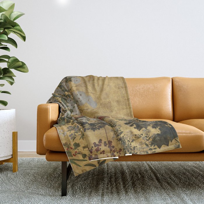 Red White Chrysanthemums Vintage Floral Japanese Gold Leaf Screen Throw Blanket Gallery Image 1