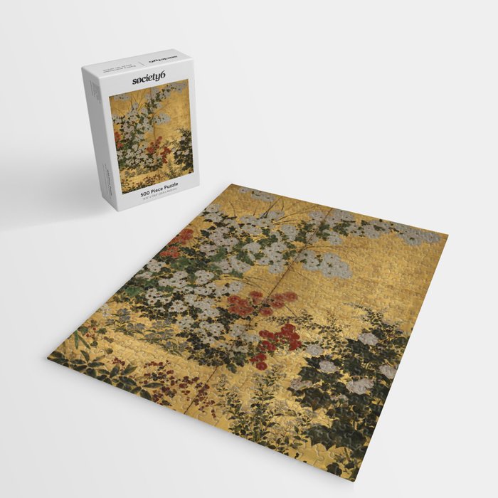 Red White Chrysanthemums Vintage Floral Japanese Gold Leaf Screen Jigsaw Puzzle Gallery Image 2