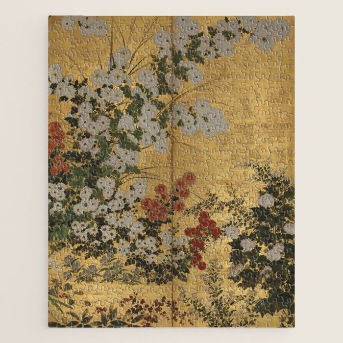 Red White Chrysanthemums Vintage Floral Japanese Gold Leaf Screen Jigsaw Puzzle Gallery Image 1