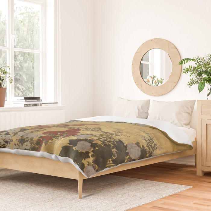 Red White Chrysanthemums Vintage Floral Japanese Gold Leaf Screen Duvet Cover Gallery Image 2