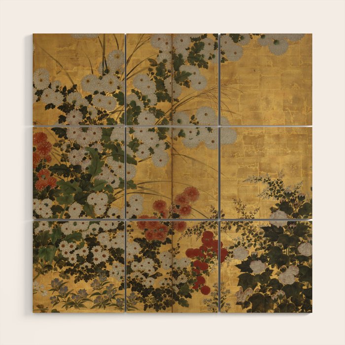 Red White Chrysanthemums Vintage Floral Japanese Gold Leaf Screen Wood Wall Art Gallery Image 1