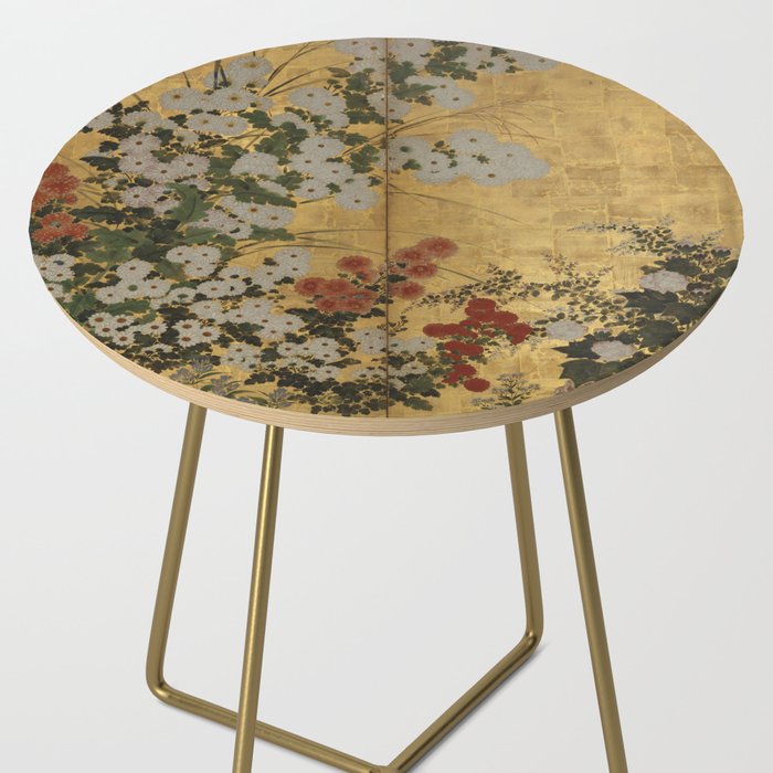 Red White Chrysanthemums Vintage Floral Japanese Gold Leaf Screen Side Table Gallery Image 2