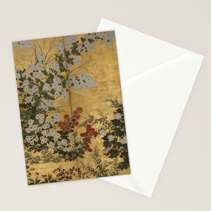 Red White Chrysanthemums Vintage Floral Japanese Gold Leaf Screen Stationery Card Gallery Image 2