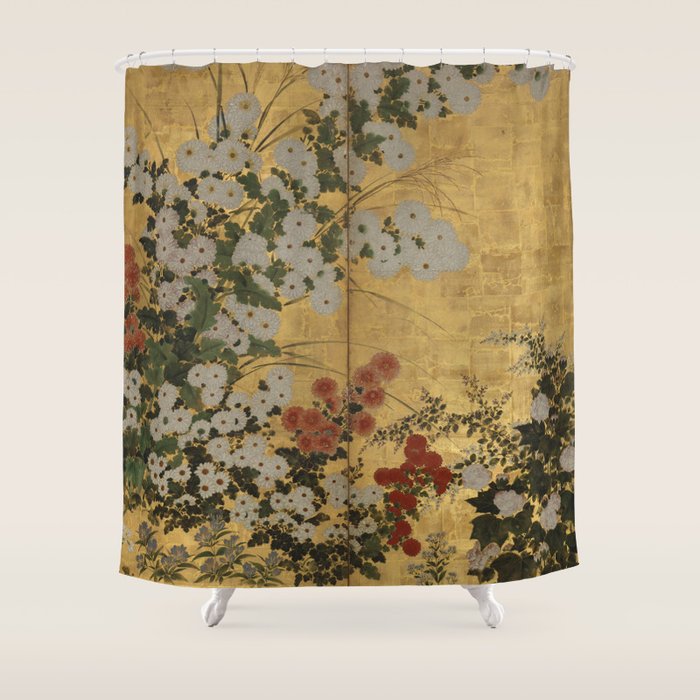 Red White Chrysanthemums Vintage Floral Japanese Gold Leaf Screen Shower Curtain Gallery Image 1