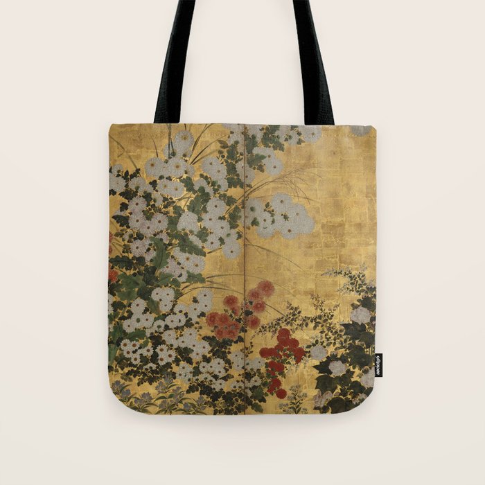 Red White Chrysanthemums Vintage Floral Japanese Gold Leaf Screen Tote Bag Gallery Image 1