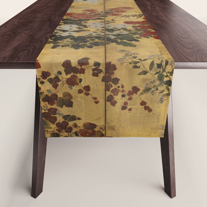 Red White Chrysanthemums Vintage Floral Japanese Gold Leaf Screen Table Runner Gallery Image 1