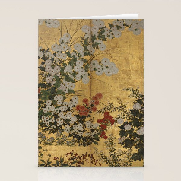 Red White Chrysanthemums Vintage Floral Japanese Gold Leaf Screen Stationery Card Gallery Image 2