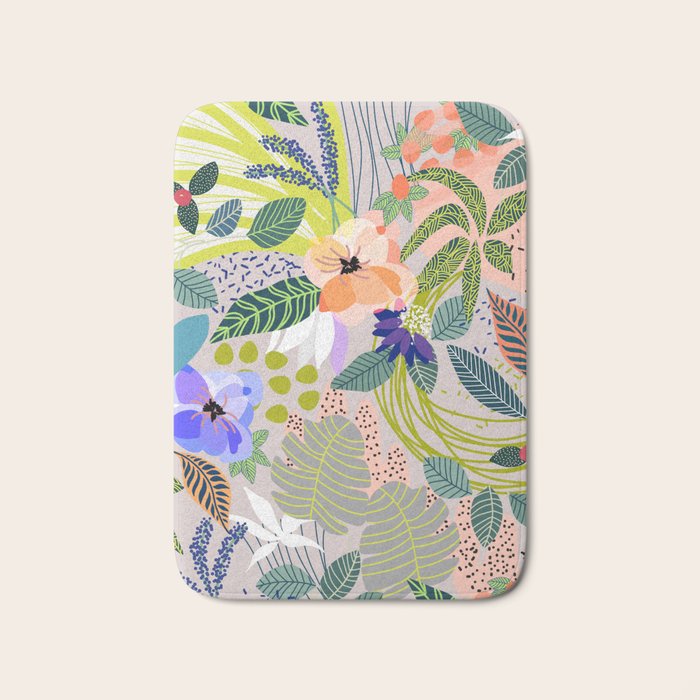 Wander, Floral Colorful Summer Modern Bohemian Illustration, Nature Blush Botanical Tropical Garden Bath Mat Gallery Image 1