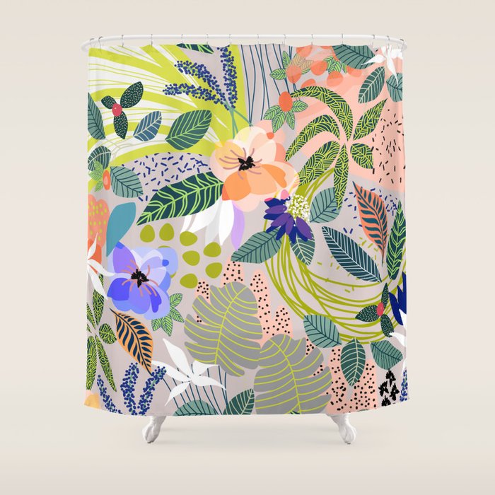 Wander, Floral Colorful Summer Modern Bohemian Illustration, Nature Blush Botanical Tropical Garden Shower Curtain Gallery Image 1