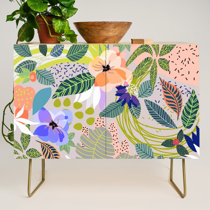 Wander, Floral Colorful Summer Modern Bohemian Illustration, Nature Blush Botanical Tropical Garden Credenza Gallery Image 1