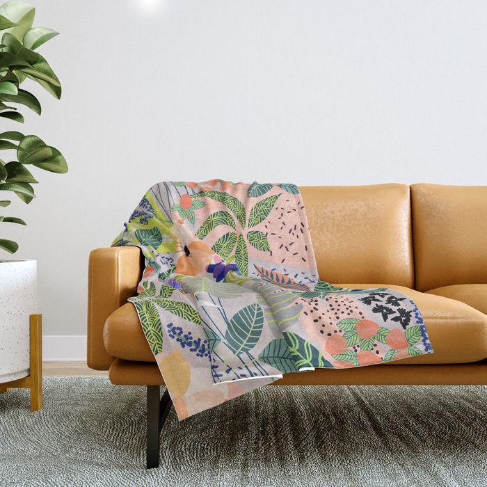 Wander, Floral Colorful Summer Modern Bohemian Illustration, Nature Blush Botanical Tropical Garden Throw Blanket Gallery Image 1