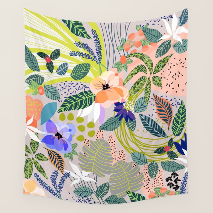 Wander, Floral Colorful Summer Modern Bohemian Illustration, Nature Blush Botanical Tropical Garden Wall Tapestry Gallery Image 1