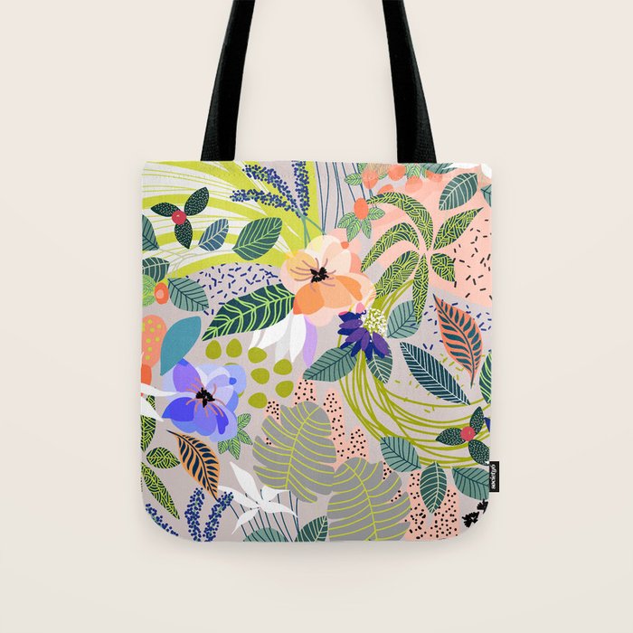 Wander, Floral Colorful Summer Modern Bohemian Illustration, Nature Blush Botanical Tropical Garden Tote Bag Gallery Image 1