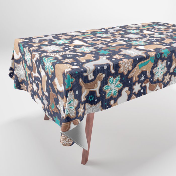 Catching ice and sweetness // navy blue background gingerbread white brown grey and dogs and snowflakes turquoise details Tablecloth Gallery Image 1