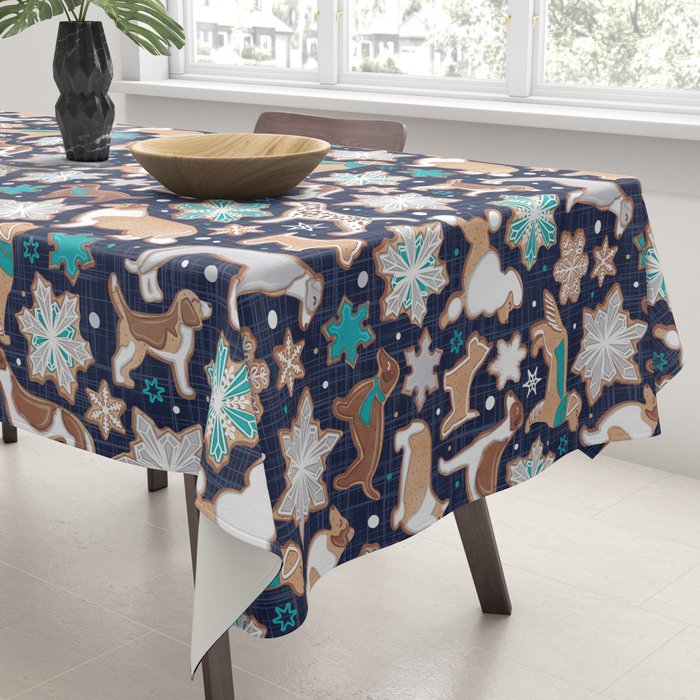 Catching ice and sweetness // navy blue background gingerbread white brown grey and dogs and snowflakes turquoise details Tablecloth Gallery Image 3