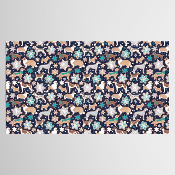 Catching ice and sweetness // navy blue background gingerbread white brown grey and dogs and snowflakes turquoise details Tablecloth Gallery Image 2