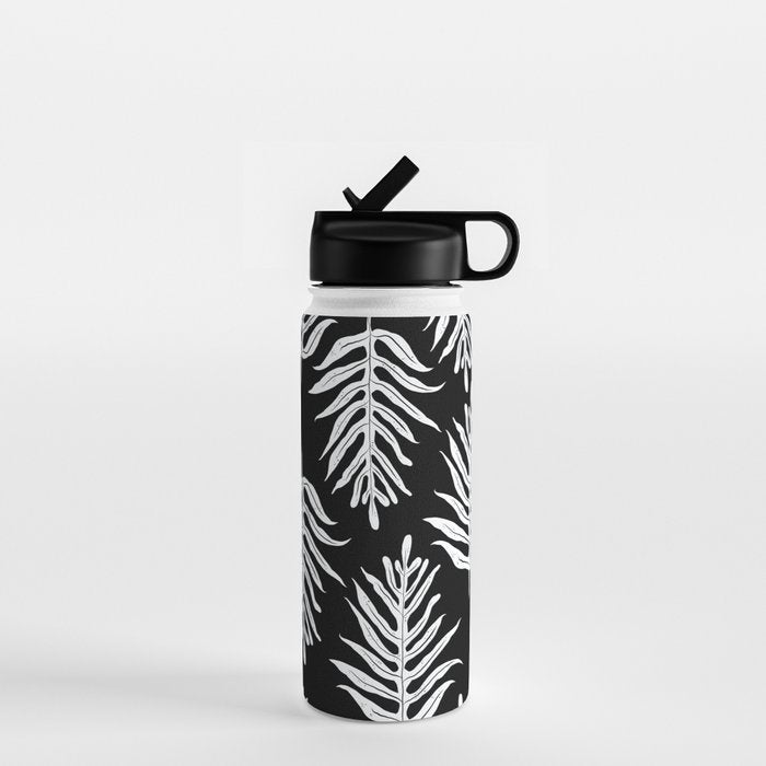 Modern Tropical Lau'ae -Monarch Fern Pattern on Black Water Bottle Gallery Image 1