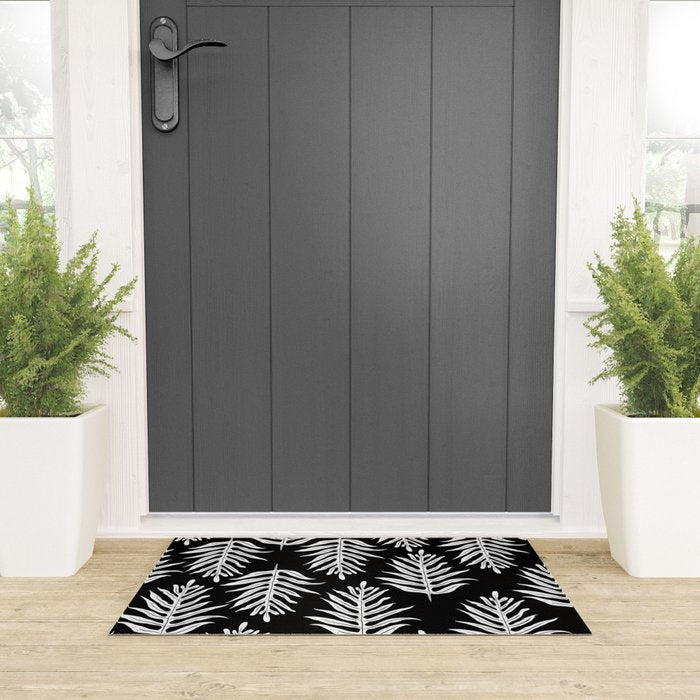 Modern Tropical Lau'ae -Monarch Fern Pattern on Black Welcome Mat Gallery Image 3